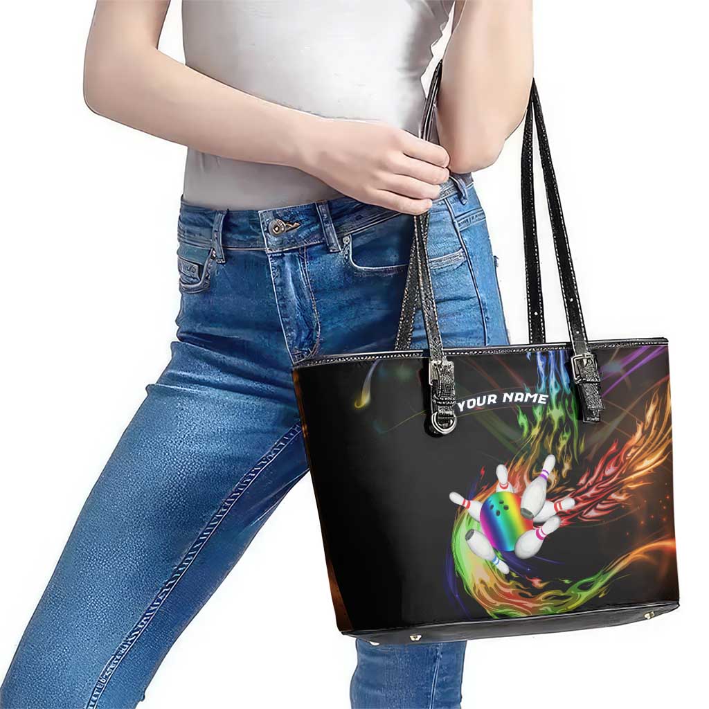 Custom Bowling Quarter Rainbow fFame Bowling Ball Leather Tote Bag with Colorful Flaming Strike Design Rainbow Ball - Wonder Print Shop