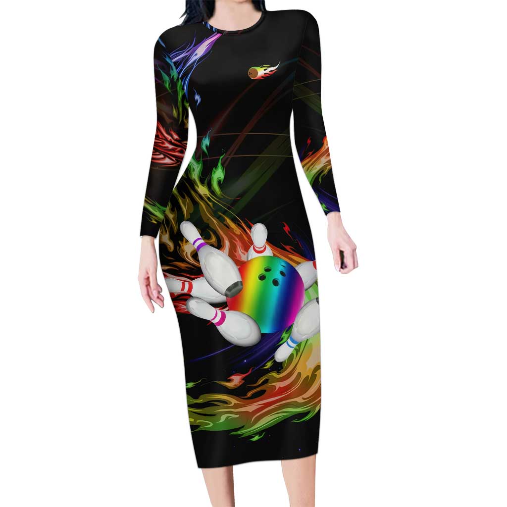 Custom Bowling Quarter Rainbow fFame Bowling Ball Long Sleeve Bodycon Dress with Colorful Flaming Strike Design Rainbow Ball - Wonder Print Shop