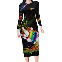 Custom Bowling Quarter Rainbow fFame Bowling Ball Long Sleeve Bodycon Dress with Colorful Flaming Strike Design Rainbow Ball - Wonder Print Shop