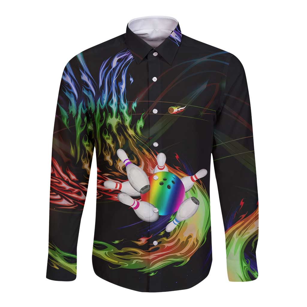 Custom Bowling Quarter Rainbow fFame Bowling Ball Long Sleeve Button Shirt with Colorful Flaming Strike Design Rainbow Ball - Wonder Print Shop