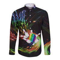 Custom Bowling Quarter Rainbow fFame Bowling Ball Long Sleeve Button Shirt with Colorful Flaming Strike Design Rainbow Ball - Wonder Print Shop