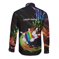 Custom Bowling Quarter Rainbow fFame Bowling Ball Long Sleeve Button Shirt with Colorful Flaming Strike Design Rainbow Ball - Wonder Print Shop
