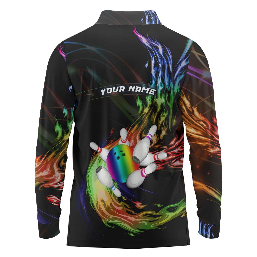 Custom Bowling Quarter Rainbow fFame Bowling Ball Long Sleeve Polo Shirt with Colorful Flaming Strike Design Rainbow Ball - Wonder Print Shop