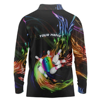 Custom Bowling Quarter Rainbow fFame Bowling Ball Long Sleeve Polo Shirt with Colorful Flaming Strike Design Rainbow Ball - Wonder Print Shop