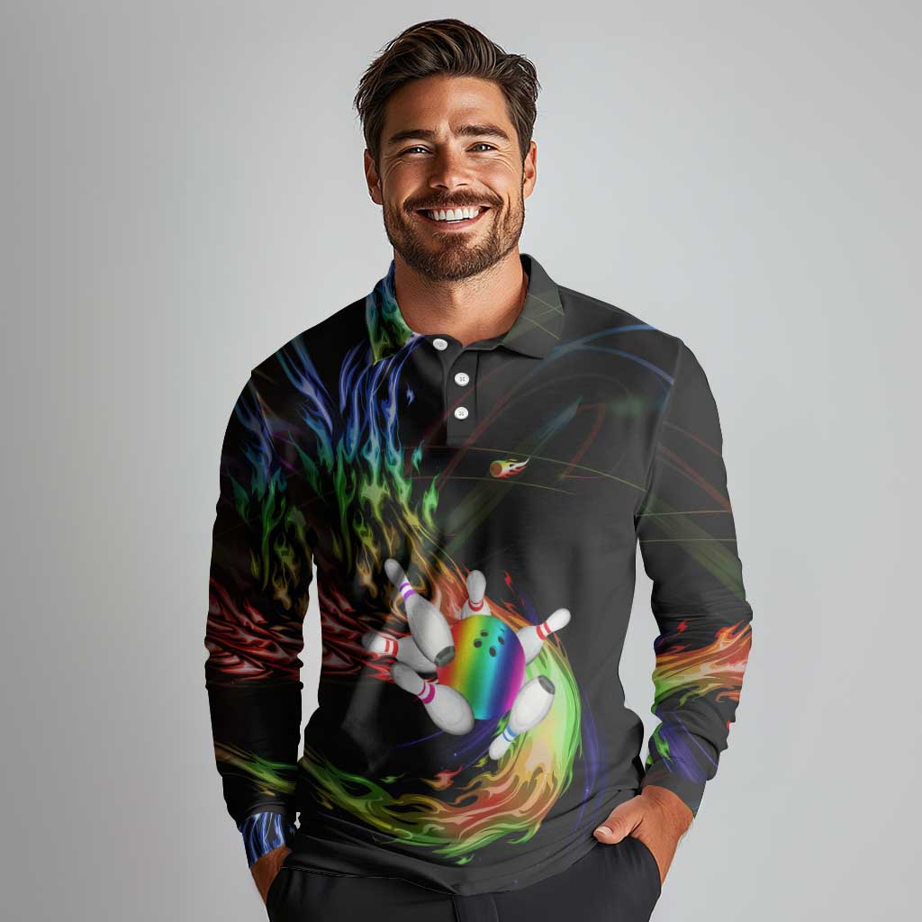 Custom Bowling Quarter Rainbow fFame Bowling Ball Long Sleeve Polo Shirt with Colorful Flaming Strike Design Rainbow Ball - Wonder Print Shop