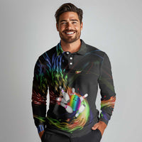 Custom Bowling Quarter Rainbow fFame Bowling Ball Long Sleeve Polo Shirt with Colorful Flaming Strike Design Rainbow Ball - Wonder Print Shop