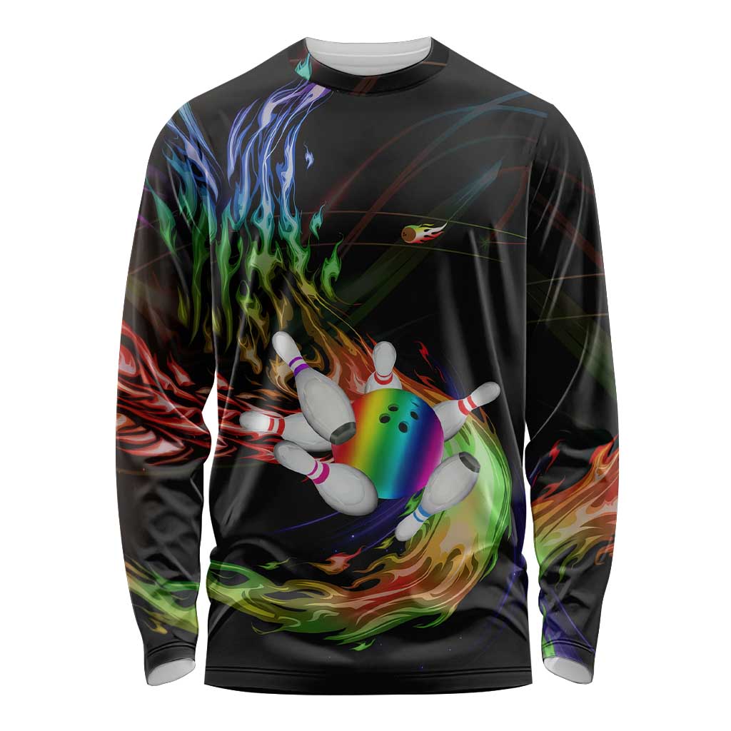 Custom Bowling Quarter Rainbow fFame Bowling Ball Long Sleeve Shirt with Colorful Flaming Strike Design Rainbow Ball - Wonder Print Shop