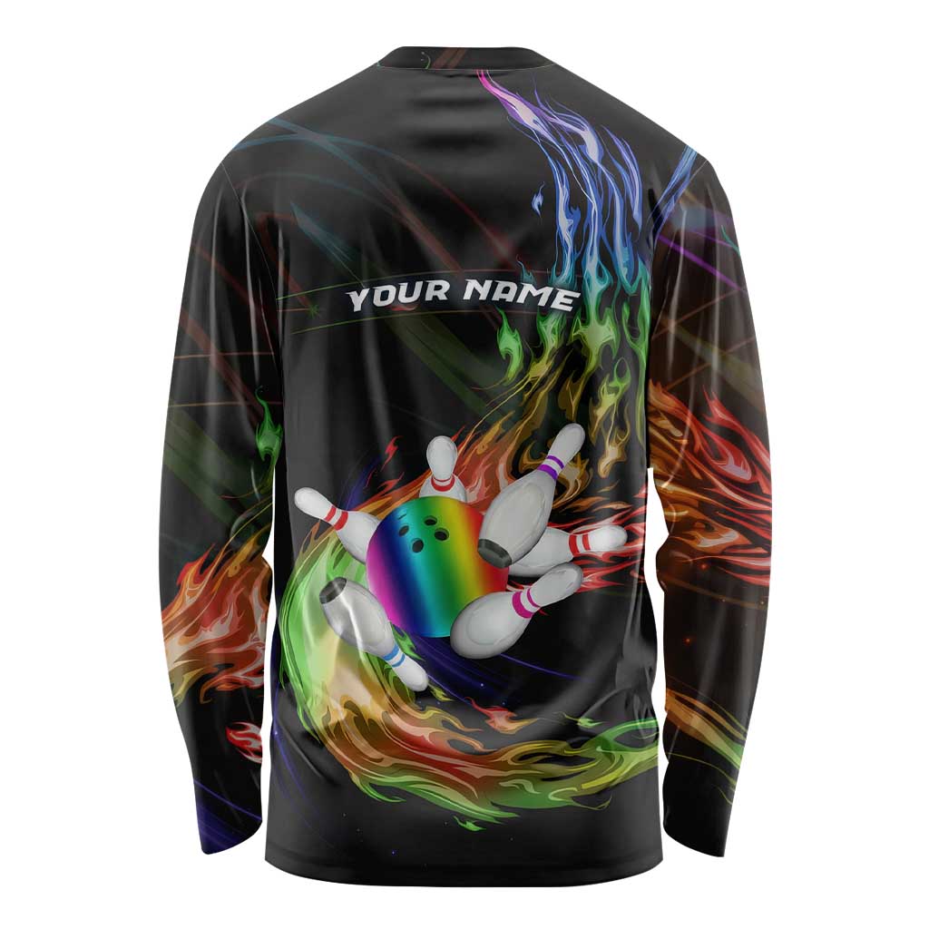 Custom Bowling Quarter Rainbow fFame Bowling Ball Long Sleeve Shirt with Colorful Flaming Strike Design Rainbow Ball - Wonder Print Shop