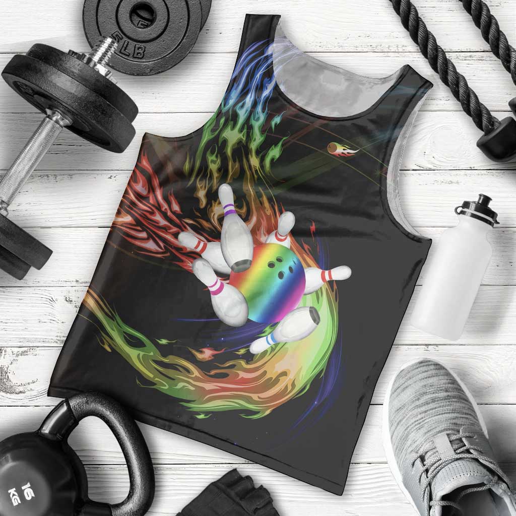 Custom Bowling Quarter Rainbow fFame Bowling Ball Men Tank Top with Colorful Flaming Strike Design Rainbow Ball - Wonder Print Shop