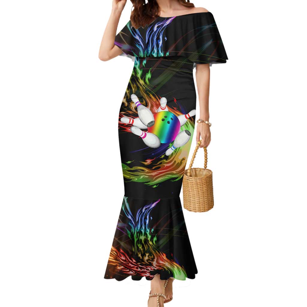 Custom Bowling Quarter Rainbow fFame Bowling Ball Mermaid Dress with Colorful Flaming Strike Design Rainbow Ball - Wonder Print Shop