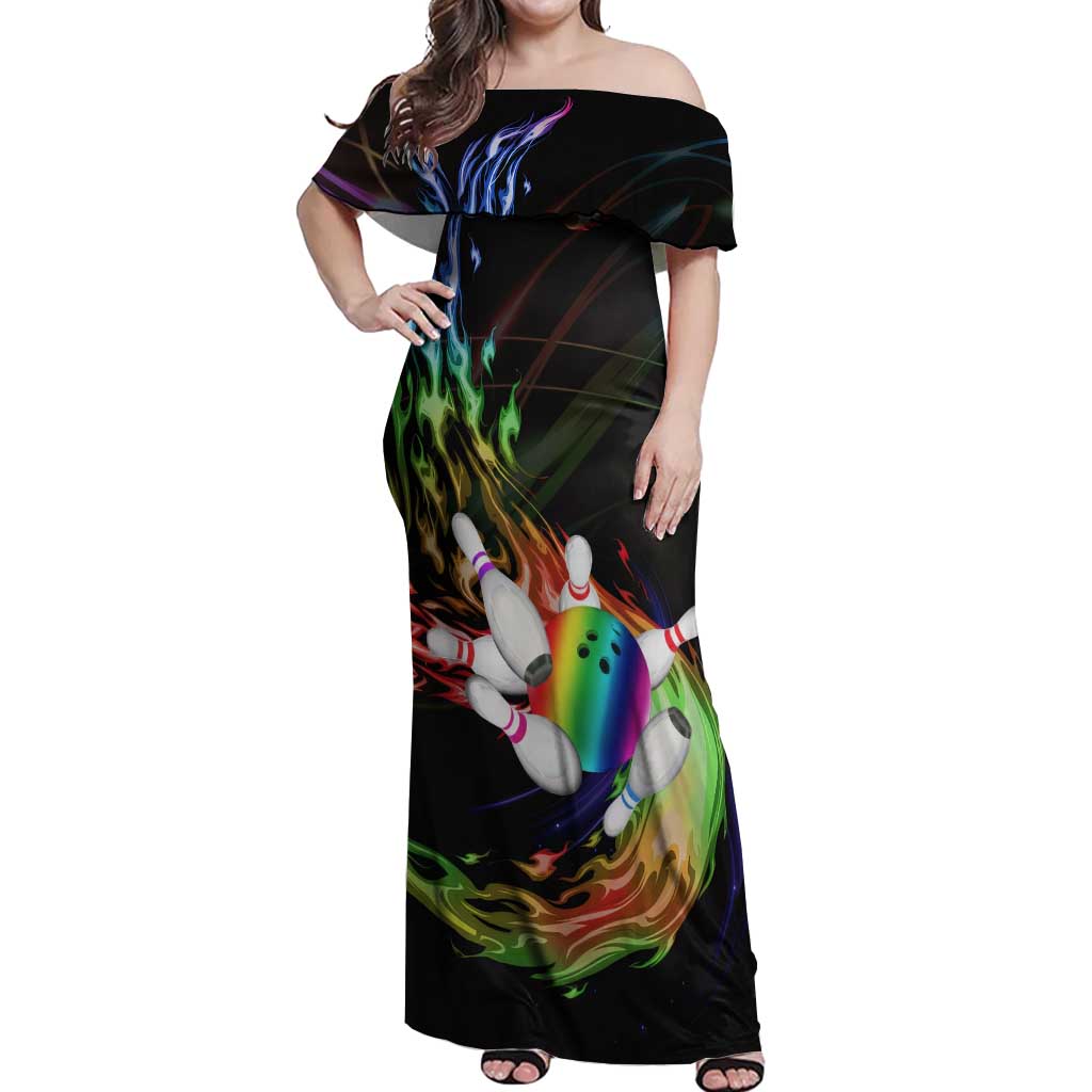 Custom Bowling Quarter Rainbow fFame Bowling Ball Off Shoulder Maxi Dress with Colorful Flaming Strike Design Rainbow Ball - Wonder Print Shop