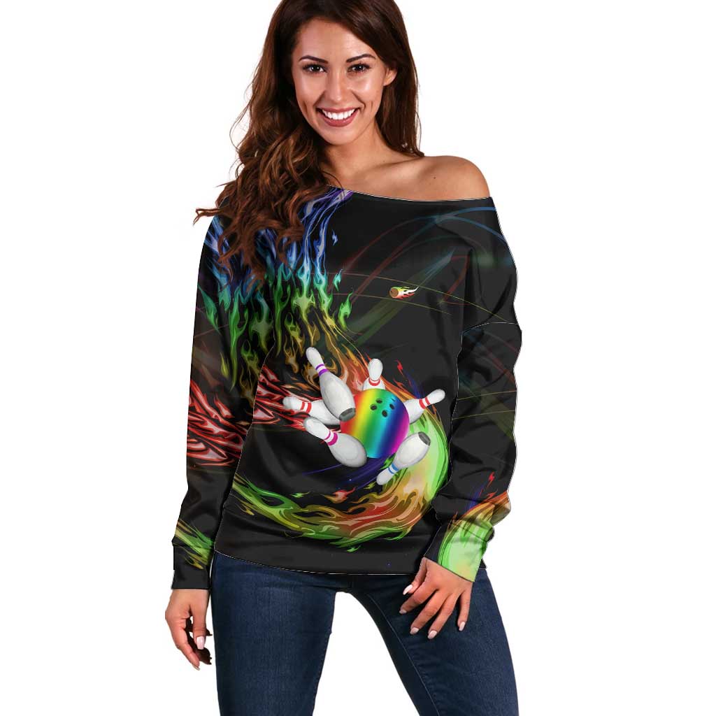 Custom Bowling Quarter Rainbow fFame Bowling Ball Off Shoulder Sweater with Colorful Flaming Strike Design Rainbow Ball - Wonder Print Shop