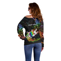 Custom Bowling Quarter Rainbow fFame Bowling Ball Off Shoulder Sweater with Colorful Flaming Strike Design Rainbow Ball - Wonder Print Shop