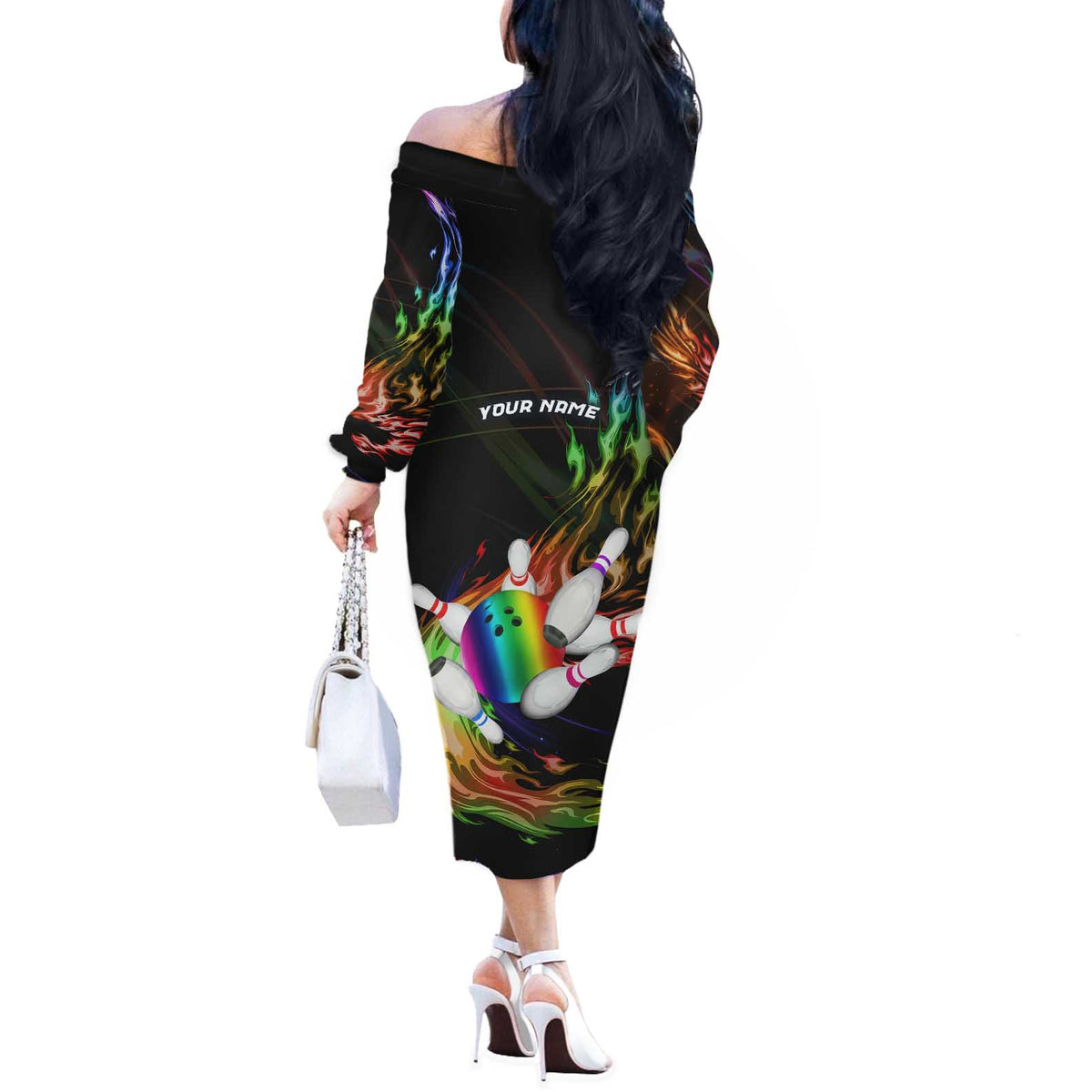 Custom Bowling Quarter Rainbow fFame Bowling Ball Off The Shoulder Long Sleeve Dress with Colorful Flaming Strike Design Rainbow Ball - Wonder Print Shop