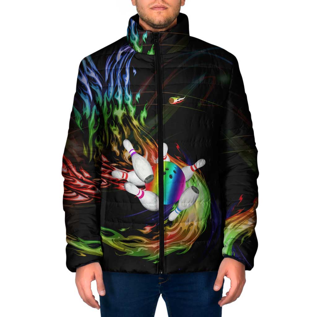 Custom Bowling Quarter Rainbow fFame Bowling Ball Padded Jacket with Colorful Flaming Strike Design Rainbow Ball - Wonder Print Shop