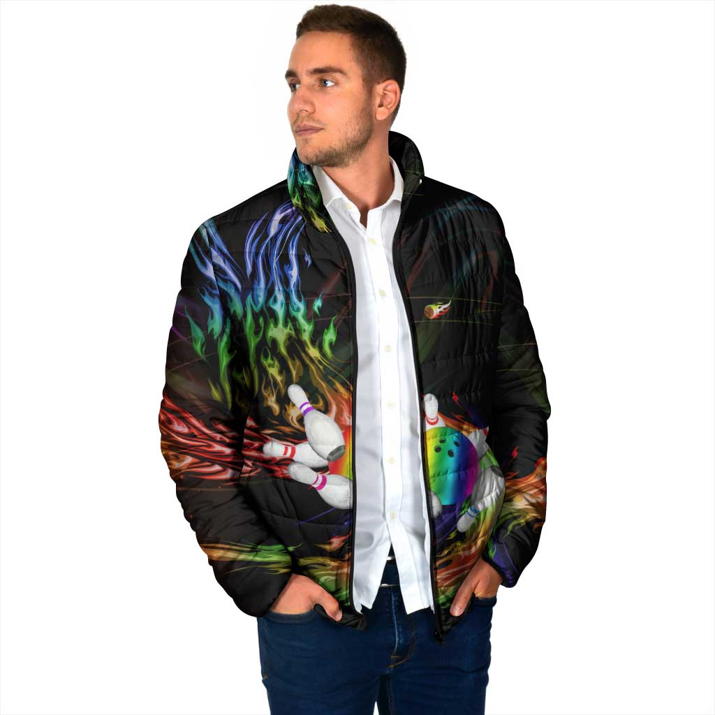 Custom Bowling Quarter Rainbow fFame Bowling Ball Padded Jacket with Colorful Flaming Strike Design Rainbow Ball - Wonder Print Shop
