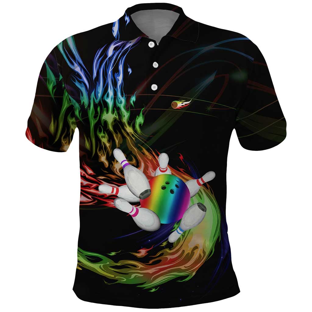 Custom Bowling Quarter Rainbow fFame Bowling Ball Polo Shirt with Colorful Flaming Strike Design Rainbow Ball - Wonder Print Shop