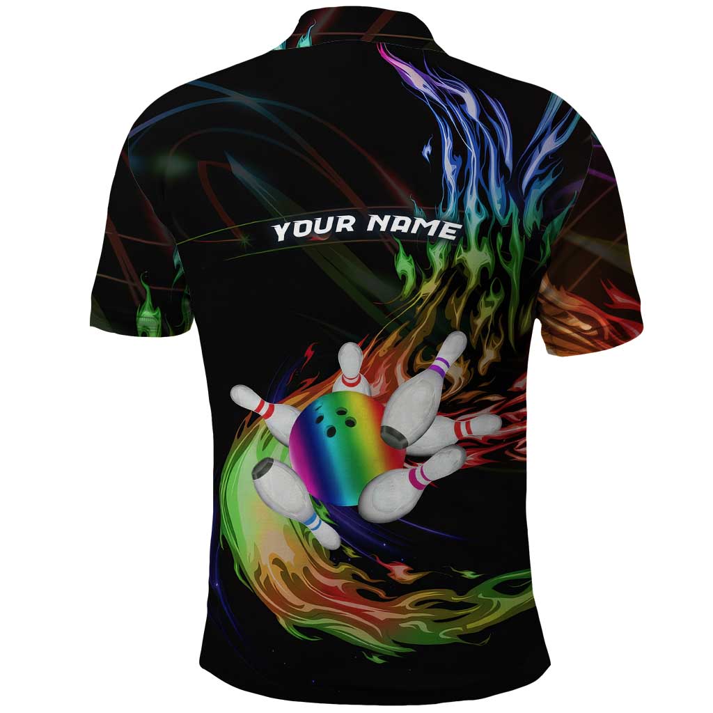 Custom Bowling Quarter Rainbow fFame Bowling Ball Polo Shirt with Colorful Flaming Strike Design Rainbow Ball - Wonder Print Shop