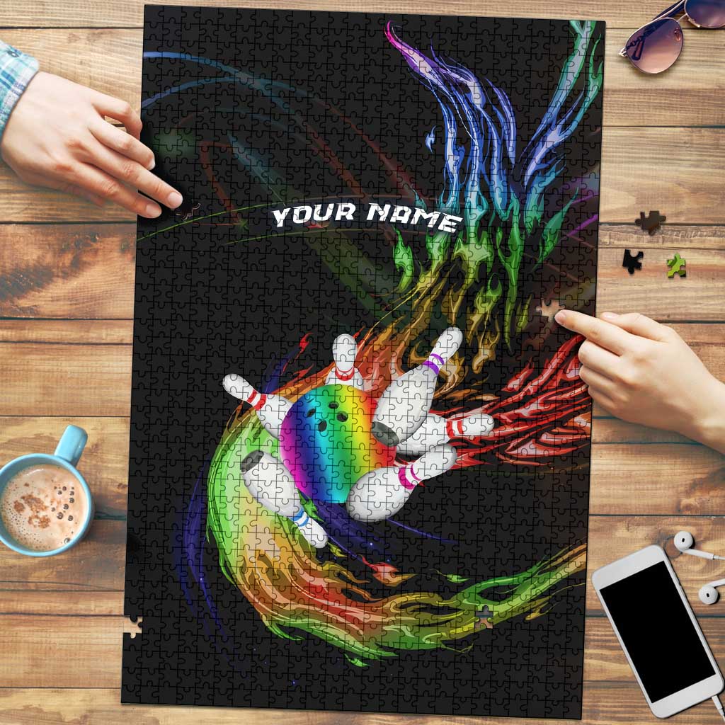 Custom Bowling Quarter Rainbow fFame Bowling Ball Puzzle with Colorful Flaming Strike Design Rainbow Ball - Wonder Print Shop