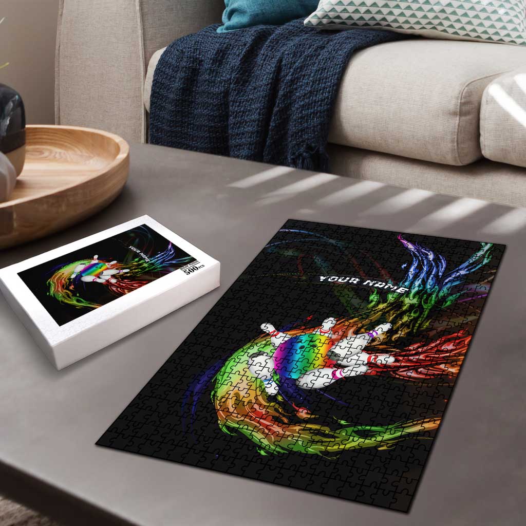 Custom Bowling Quarter Rainbow fFame Bowling Ball Puzzle with Colorful Flaming Strike Design Rainbow Ball - Wonder Print Shop