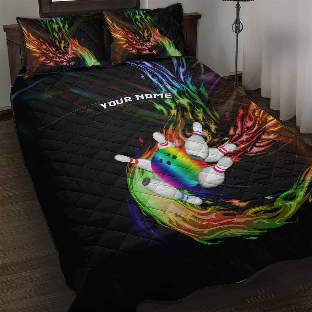 Custom Bowling Quarter Rainbow fFame Bowling Ball Quilt Bed Set with Colorful Flaming Strike Design Rainbow Ball - Wonder Print Shop