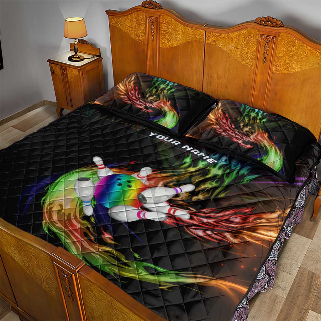 Custom Bowling Quarter Rainbow fFame Bowling Ball Quilt Bed Set with Colorful Flaming Strike Design Rainbow Ball - Wonder Print Shop