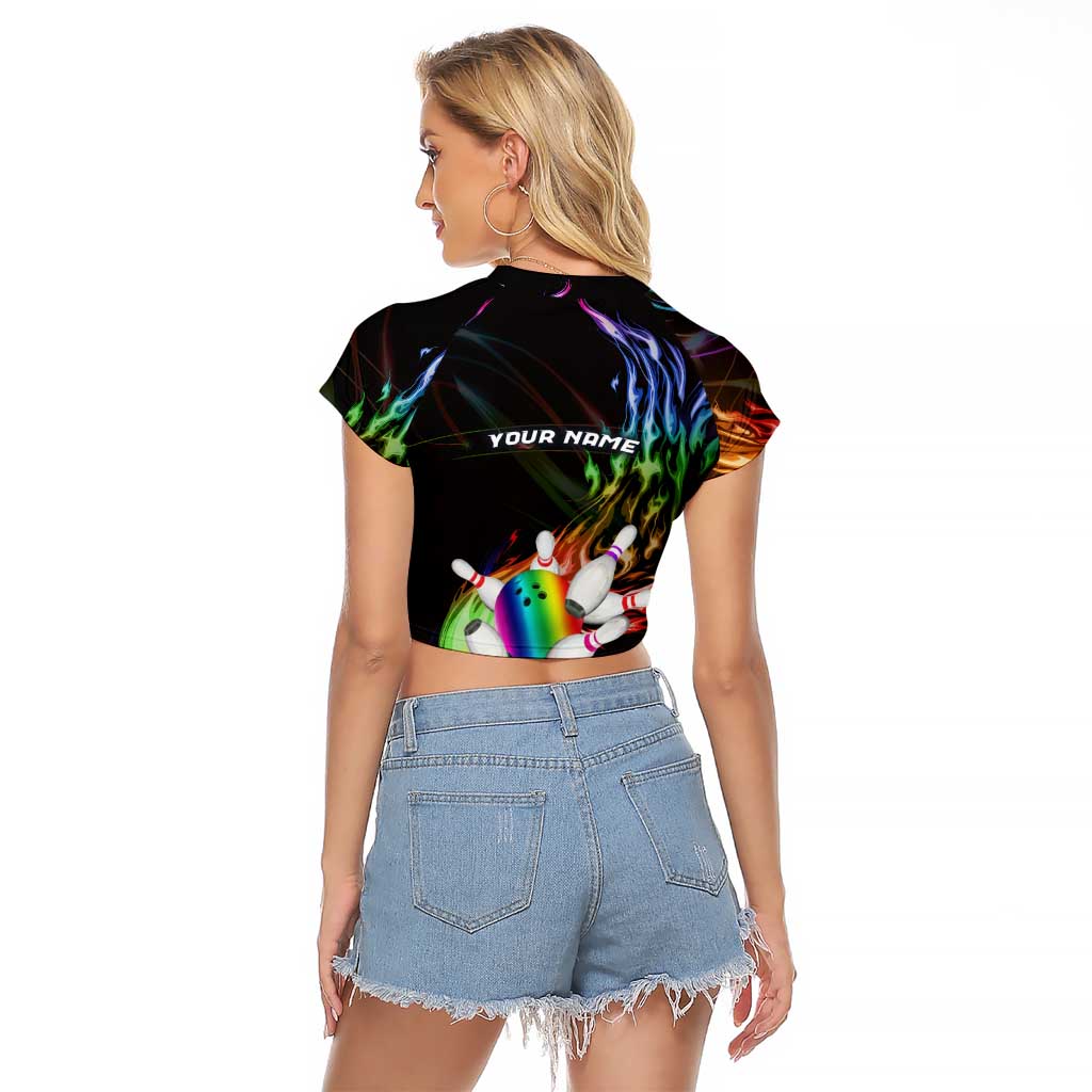 Custom Bowling Quarter Rainbow fFame Bowling Ball Raglan Cropped T Shirt with Colorful Flaming Strike Design Rainbow Ball - Wonder Print Shop