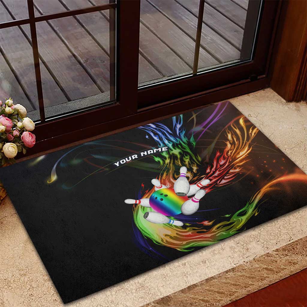 Custom Bowling Quarter Rainbow fFame Bowling Ball Rubber Doormat with Colorful Flaming Strike Design Rainbow Ball - Wonder Print Shop