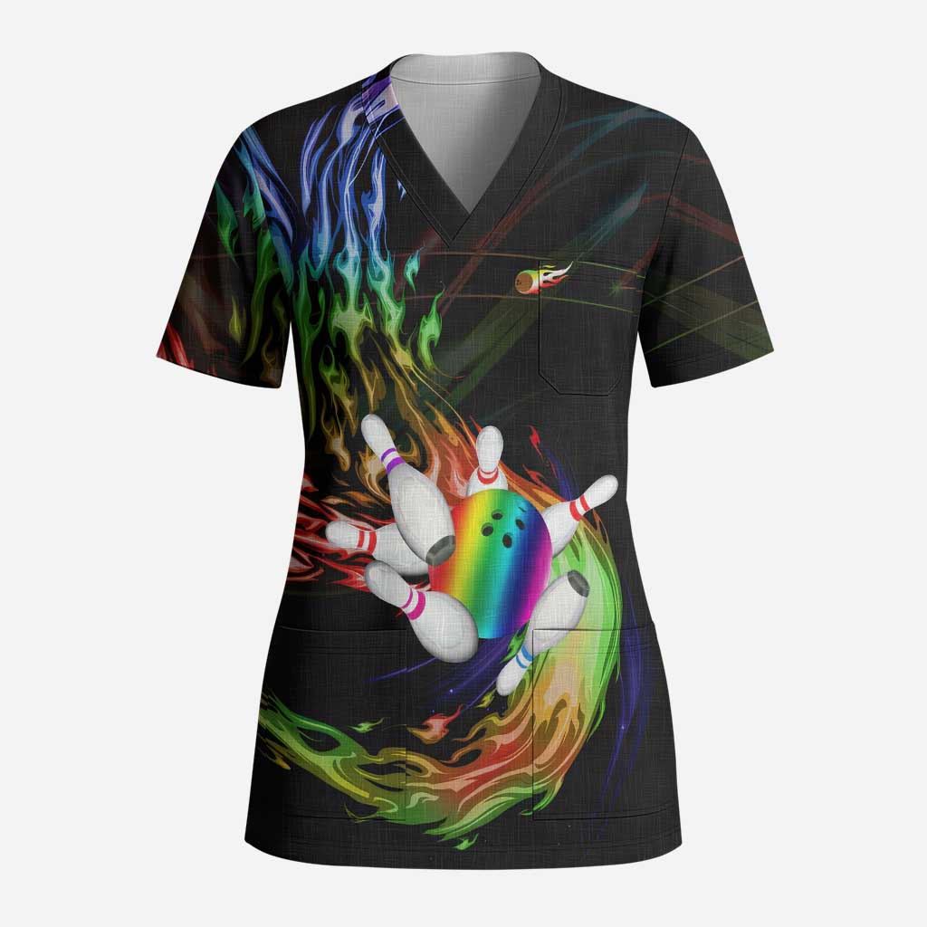 Custom Bowling Quarter Rainbow fFame Bowling Ball Scrub Top with Colorful Flaming Strike Design Rainbow Ball - Wonder Print Shop
