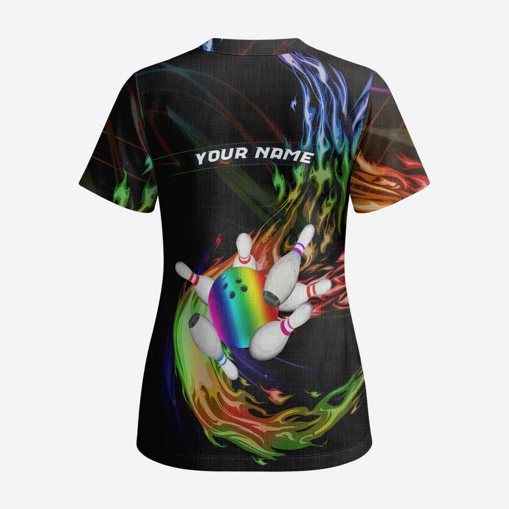 Custom Bowling Quarter Rainbow fFame Bowling Ball Scrub Top with Colorful Flaming Strike Design Rainbow Ball - Wonder Print Shop