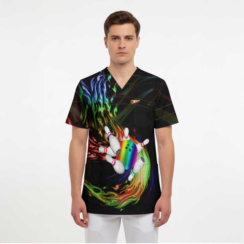 Custom Bowling Quarter Rainbow fFame Bowling Ball Scrub Top with Colorful Flaming Strike Design Rainbow Ball - Wonder Print Shop