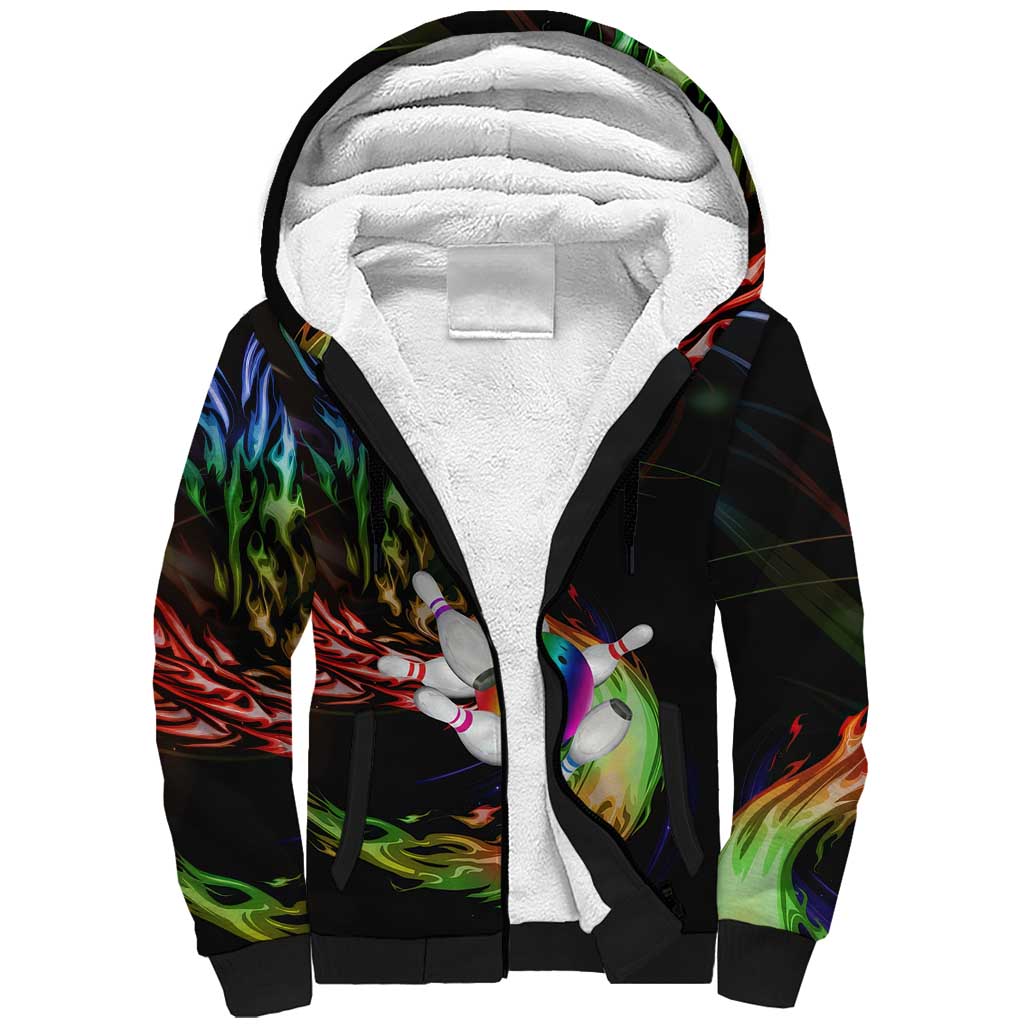 Custom Bowling Quarter Rainbow fFame Bowling Ball Sherpa Hoodie with Colorful Flaming Strike Design Rainbow Ball - Wonder Print Shop