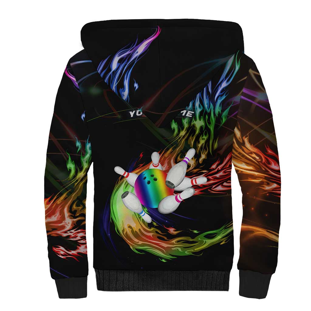 Custom Bowling Quarter Rainbow fFame Bowling Ball Sherpa Hoodie with Colorful Flaming Strike Design Rainbow Ball - Wonder Print Shop