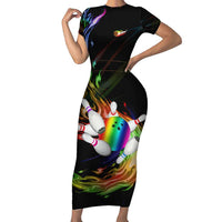 Custom Bowling Quarter Rainbow fFame Bowling Ball Short Sleeve Bodycon Dress with Colorful Flaming Strike Design Rainbow Ball - Wonder Print Shop