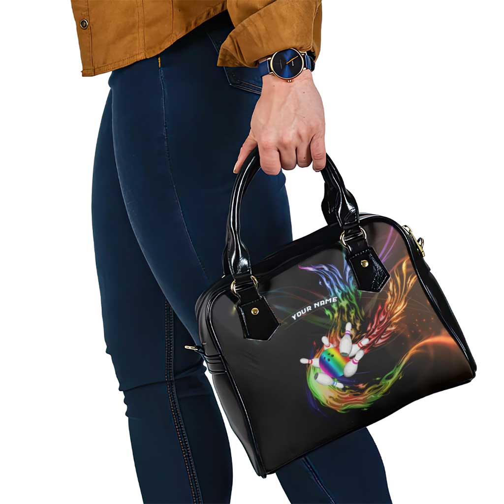 Custom Bowling Quarter Rainbow fFame Bowling Ball Shoulder Handbag with Colorful Flaming Strike Design Rainbow Ball - Wonder Print Shop