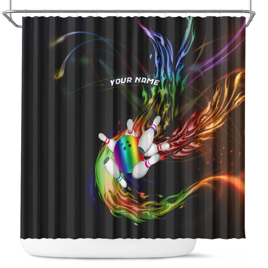 Custom Bowling Quarter Rainbow fFame Bowling Ball Shower Curtain with Colorful Flaming Strike Design Rainbow Ball - Wonder Print Shop