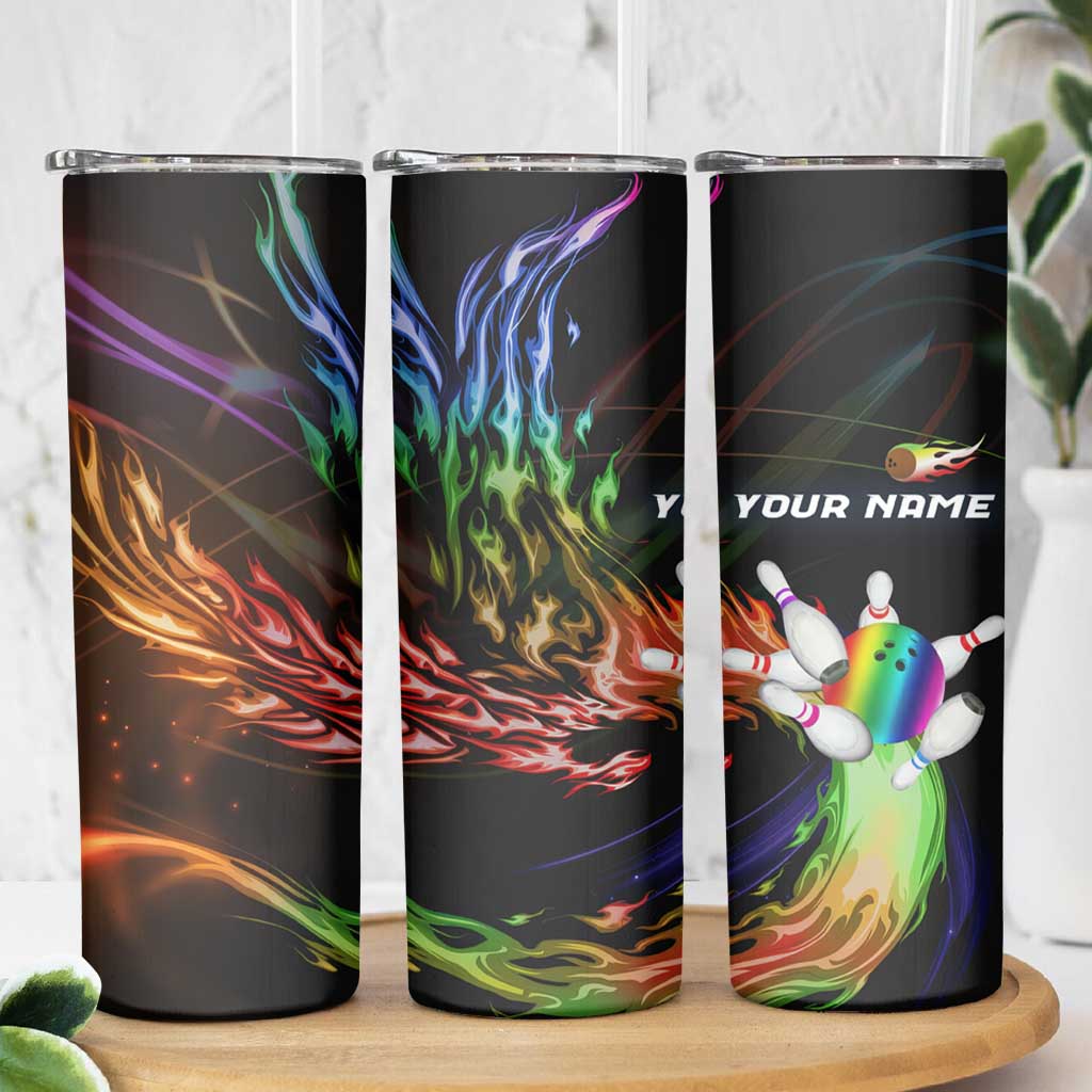 Custom Bowling Quarter Rainbow fFame Bowling Ball Skinny Tumbler with Colorful Flaming Strike Design Rainbow Ball - Wonder Print Shop