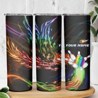 Custom Bowling Quarter Rainbow fFame Bowling Ball Skinny Tumbler with Colorful Flaming Strike Design Rainbow Ball - Wonder Print Shop