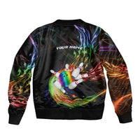 Custom Bowling Quarter Rainbow fFame Bowling Ball Sleeve Zip Bomber Jacket with Colorful Flaming Strike Design Rainbow Ball - Wonder Print Shop