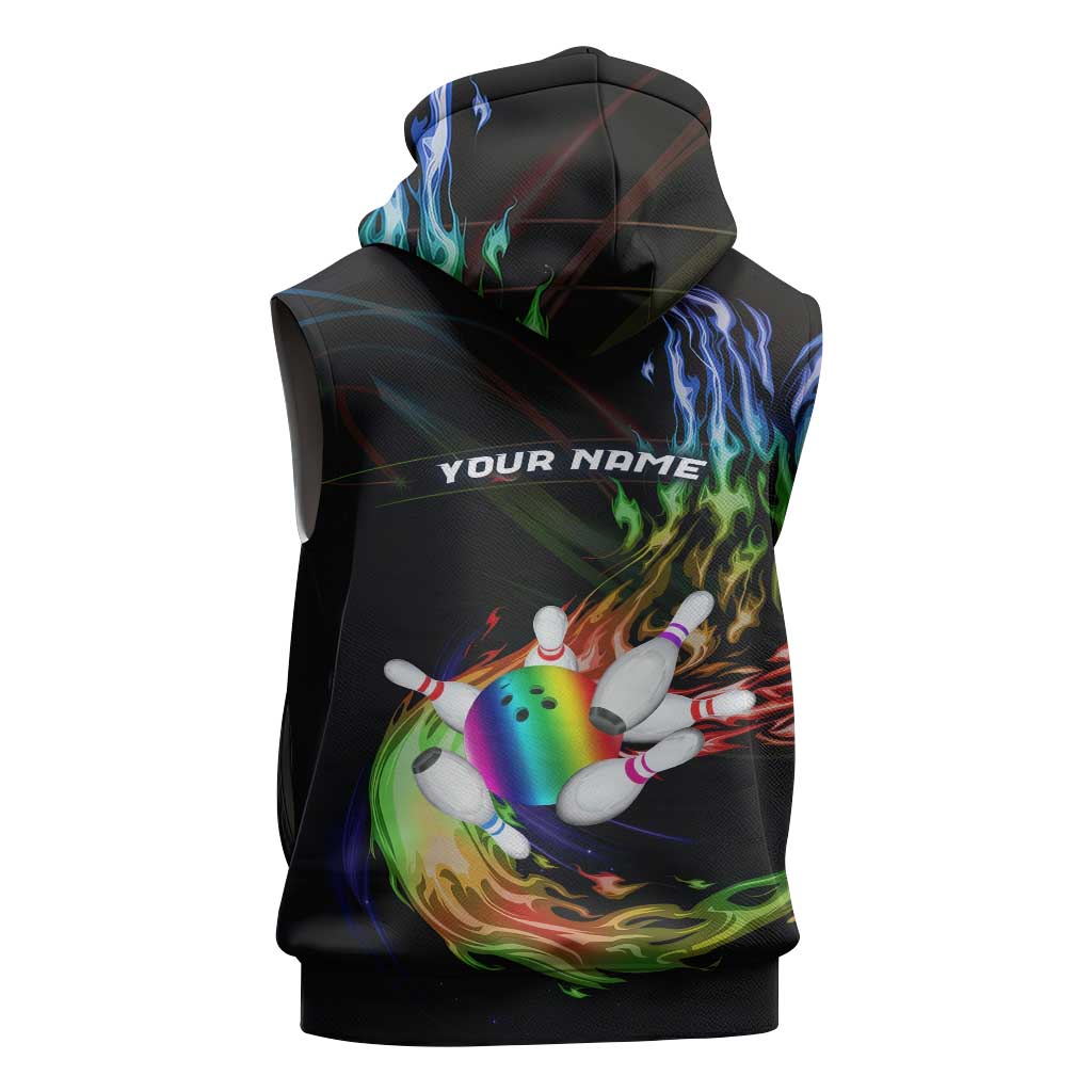 Custom Bowling Quarter Rainbow fFame Bowling Ball Sleeveless Hoodie with Colorful Flaming Strike Design Rainbow Ball - Wonder Print Shop