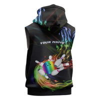 Custom Bowling Quarter Rainbow fFame Bowling Ball Sleeveless Hoodie with Colorful Flaming Strike Design Rainbow Ball - Wonder Print Shop