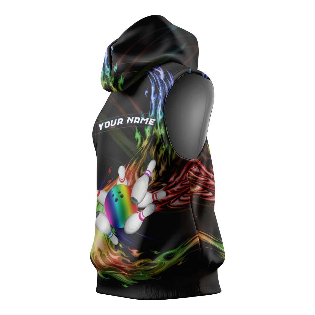 Custom Bowling Quarter Rainbow fFame Bowling Ball Sleeveless Hoodie with Colorful Flaming Strike Design Rainbow Ball - Wonder Print Shop