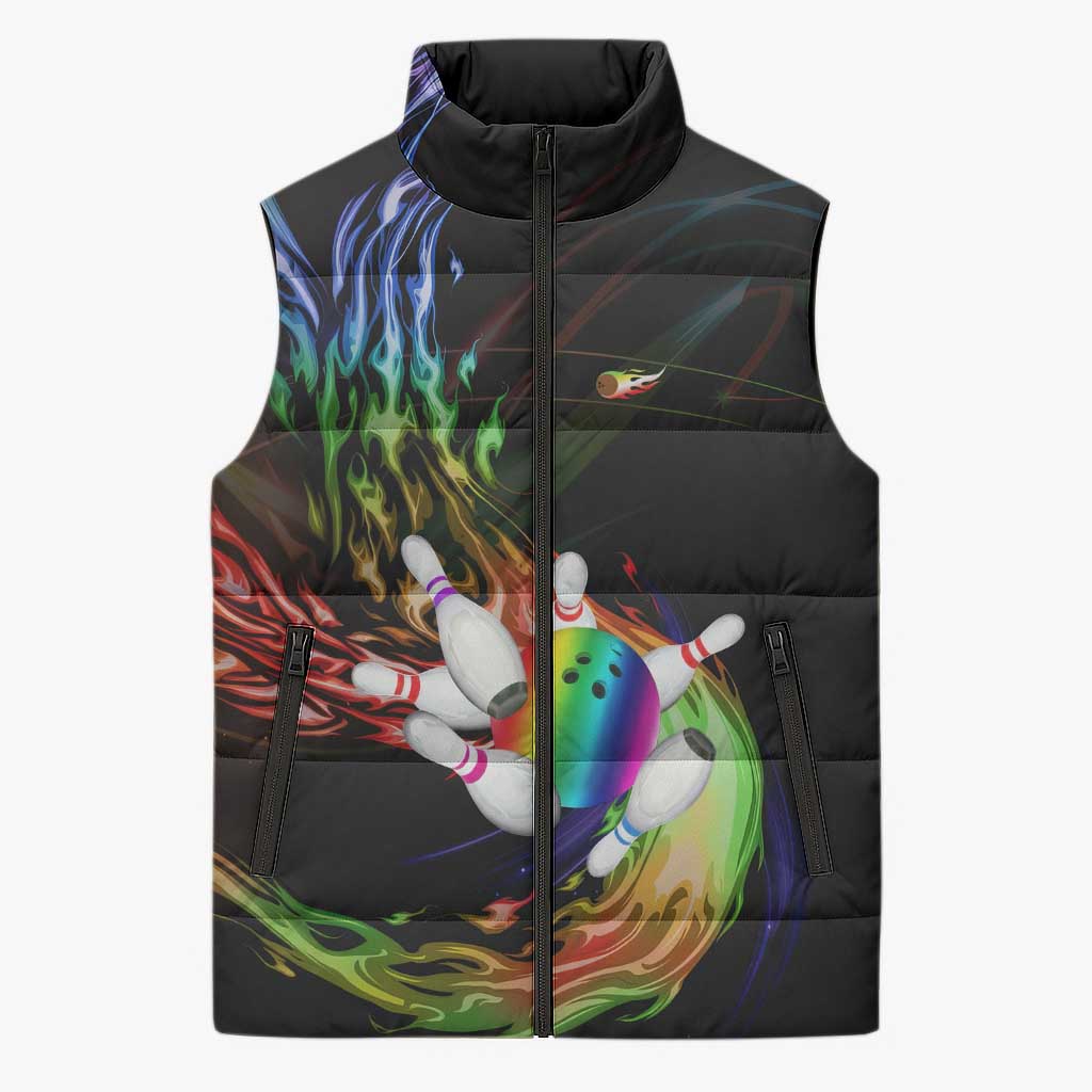 Custom Bowling Quarter Rainbow fFame Bowling Ball Sleeveless Puffer Jacket with Colorful Flaming Strike Design Rainbow Ball - Wonder Print Shop
