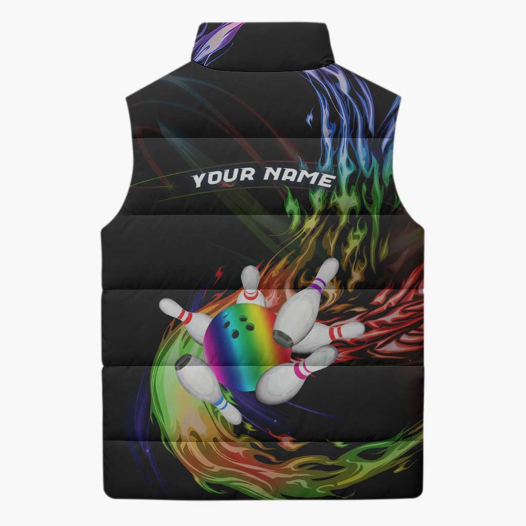 Custom Bowling Quarter Rainbow fFame Bowling Ball Sleeveless Puffer Jacket with Colorful Flaming Strike Design Rainbow Ball - Wonder Print Shop