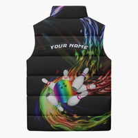 Custom Bowling Quarter Rainbow fFame Bowling Ball Sleeveless Puffer Jacket with Colorful Flaming Strike Design Rainbow Ball - Wonder Print Shop