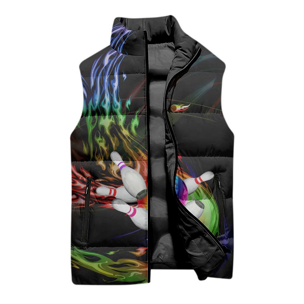 Custom Bowling Quarter Rainbow fFame Bowling Ball Sleeveless Puffer Jacket with Colorful Flaming Strike Design Rainbow Ball - Wonder Print Shop