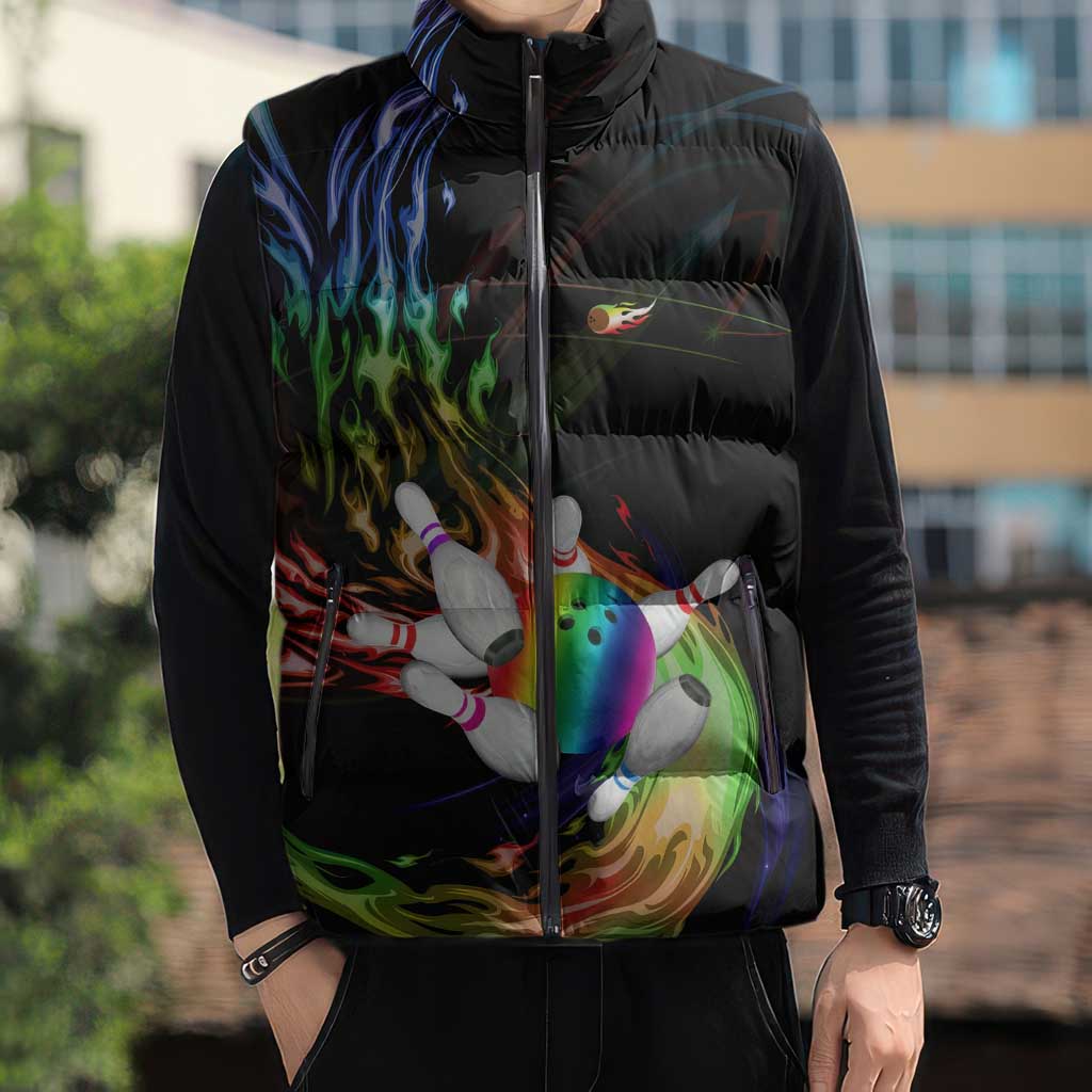 Custom Bowling Quarter Rainbow fFame Bowling Ball Sleeveless Puffer Jacket with Colorful Flaming Strike Design Rainbow Ball - Wonder Print Shop