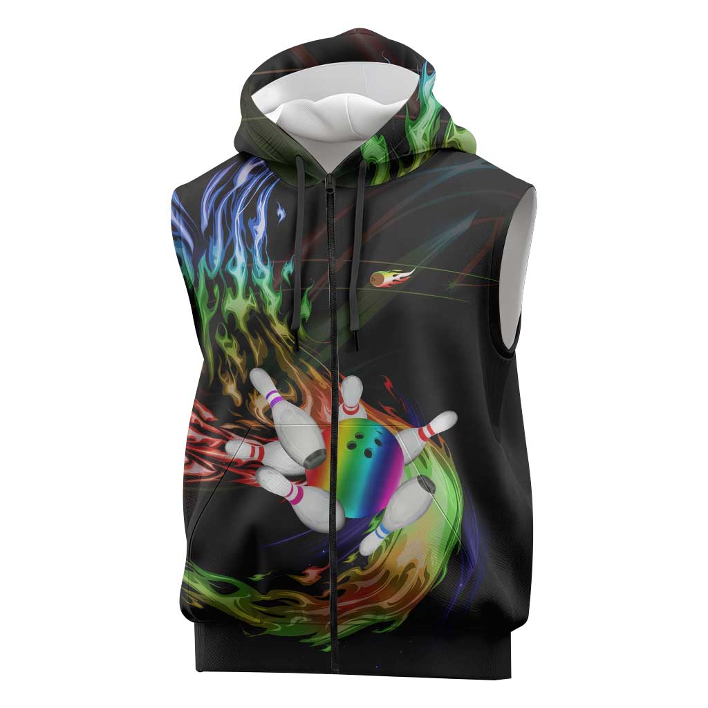 Custom Bowling Quarter Rainbow fFame Bowling Ball Sleeveless Zip Hoodie with Colorful Flaming Strike Design Rainbow Ball - Wonder Print Shop