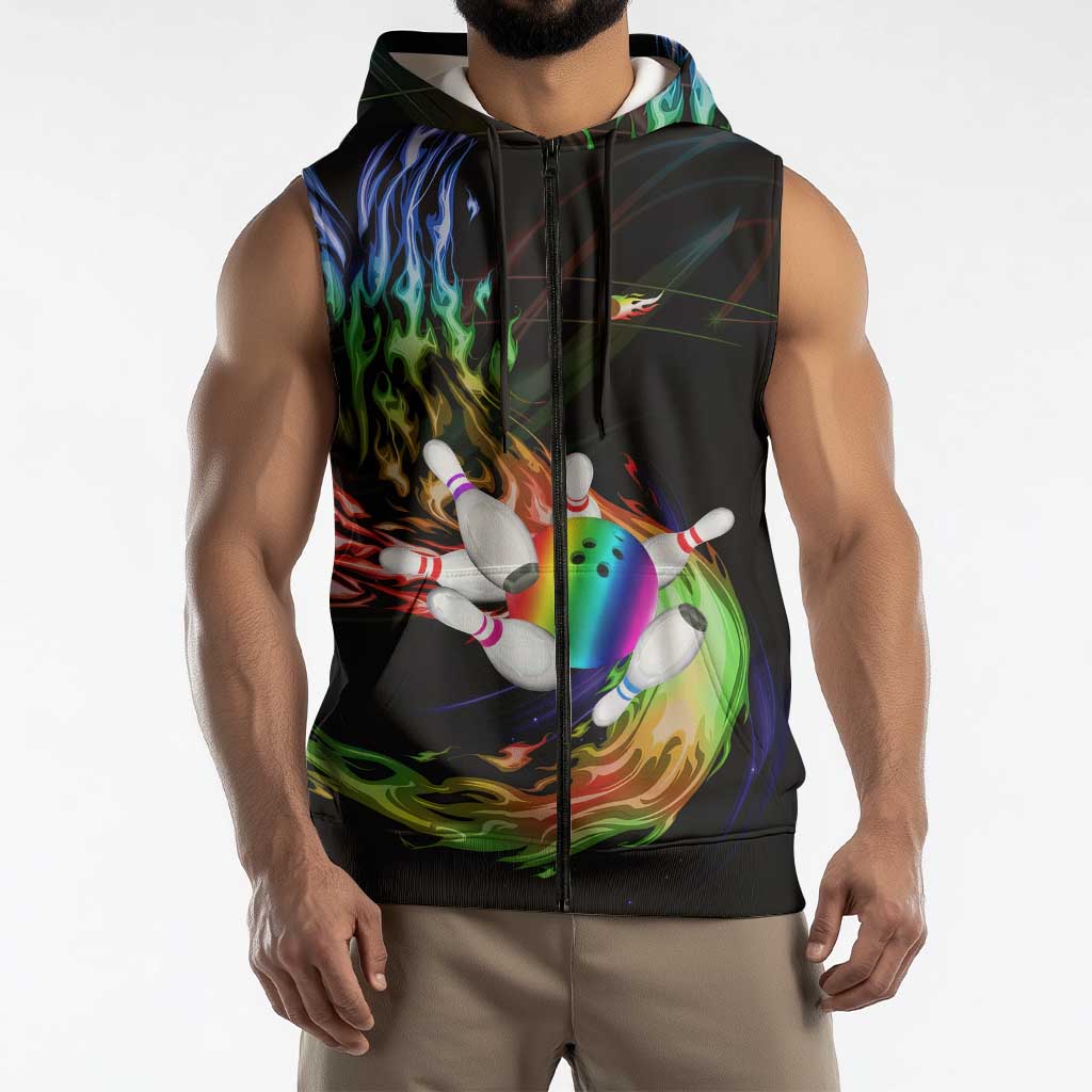 Custom Bowling Quarter Rainbow fFame Bowling Ball Sleeveless Zip Hoodie with Colorful Flaming Strike Design Rainbow Ball - Wonder Print Shop