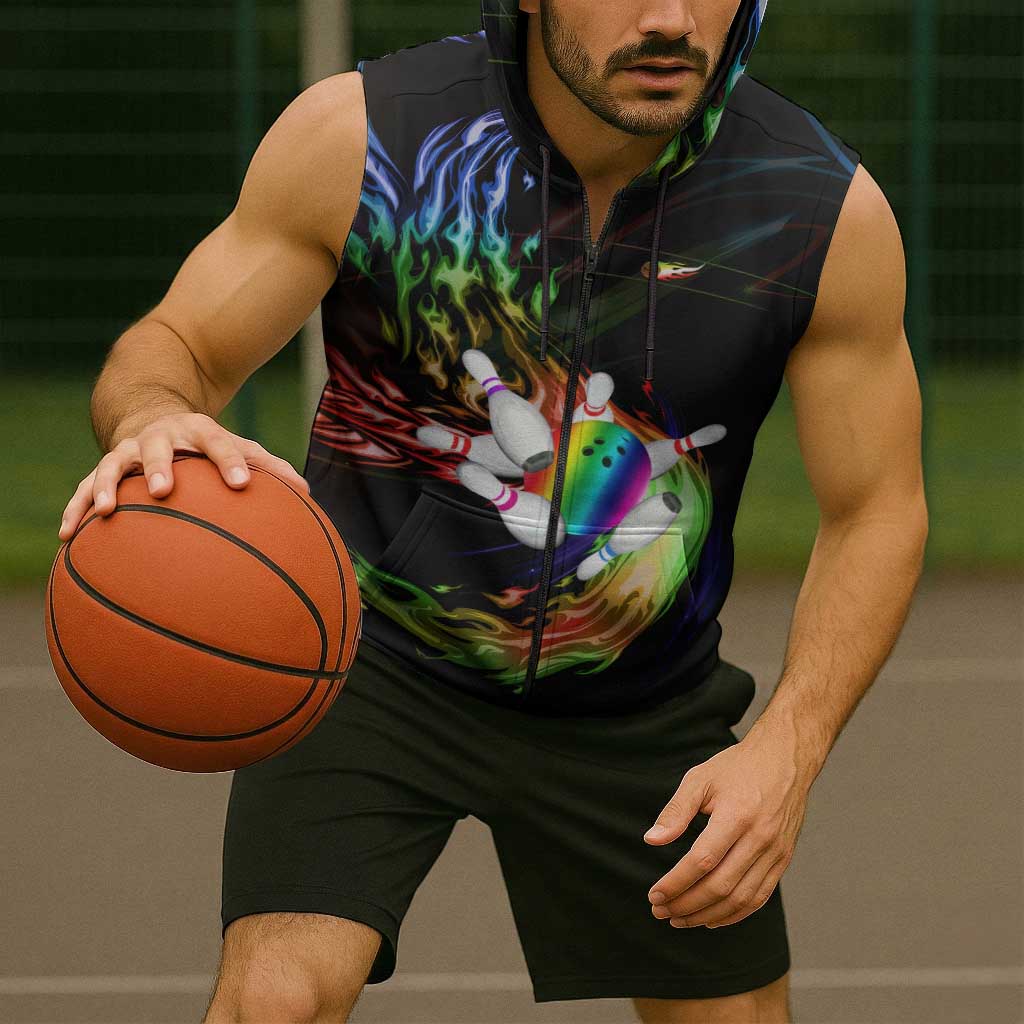 Custom Bowling Quarter Rainbow fFame Bowling Ball Sleeveless Zip Hoodie with Colorful Flaming Strike Design Rainbow Ball - Wonder Print Shop